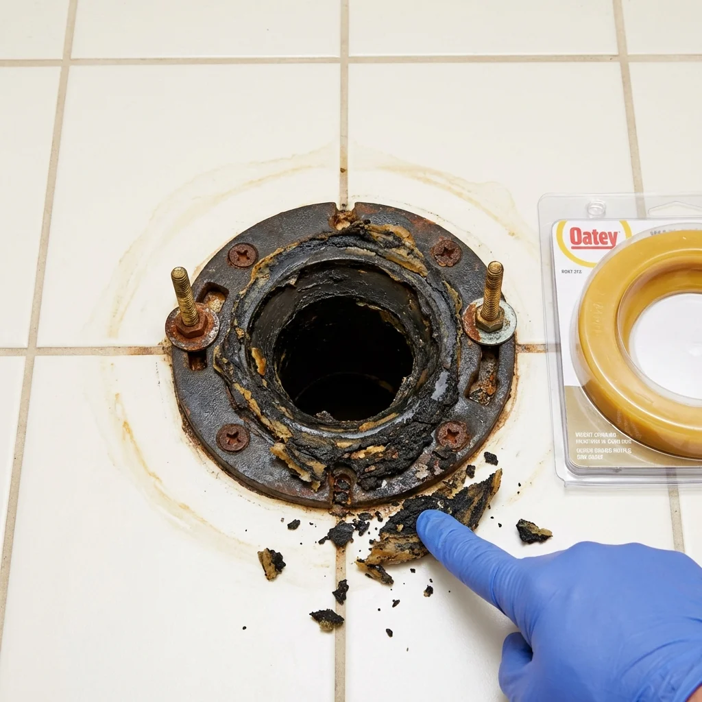 Failed wax ring showing water seepage at the base of a toilet in a Berlin, MD home